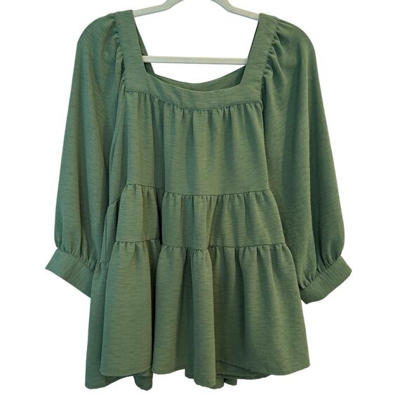 entro Tops - Entro Green Textured Tiered Babydoll Top Square Neck Balloon Sleeve Size Medium